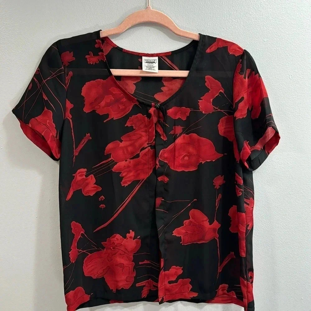 Vintage‎ Women's Y2K Sheer black top with red flowers  Premier International M